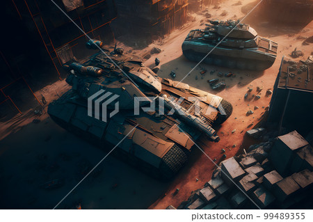 Modern futuristic battle tank with turret and cannon in city center. Neural network AI generated art Modern futuristic battle tank with turret and cannon in city center. Neural network AI generated art 99489355