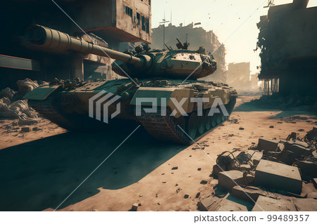 Modern futuristic battle tank with turret and cannon in city center. Neural network AI generated art Modern futuristic battle tank with turret and cannon in city center. Neural network AI generated art 99489357