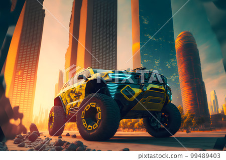 Modern futuristic off-road SUV car in city center. Neural network AI generated art Modern futuristic off-road SUV car in city center. Neural network AI generated art 99489403