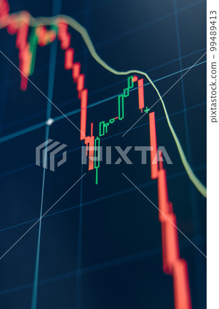 Digital money market chart with red candlestick going down representing crypto falling in price Digital money market chart with red candlestick going down representing crypto falling in price 99489413