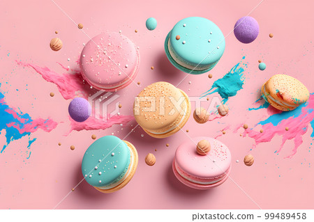Colorful macarons with bright sugar powder explosion moment on pink background. Neural network AI generated art Colorful macarons with bright sugar powder explosion moment on pink background. Neural network AI generated art 99489458