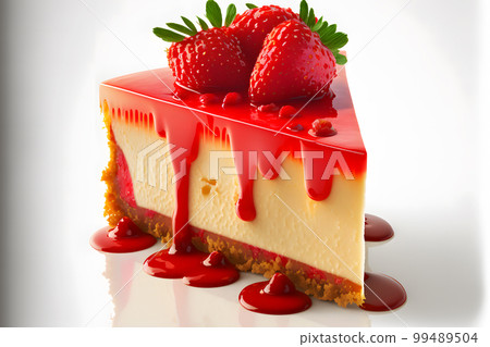 Piece of cheesecake with fresh strawberries and mint. Neural network AI generated art 99489504