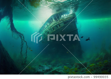 Sunken shipwreck at the bottom of the mediterranean sea. Neural network AI generated art Sunken shipwreck at the bottom of the mediterranean sea. Neural network AI generated art 99490035