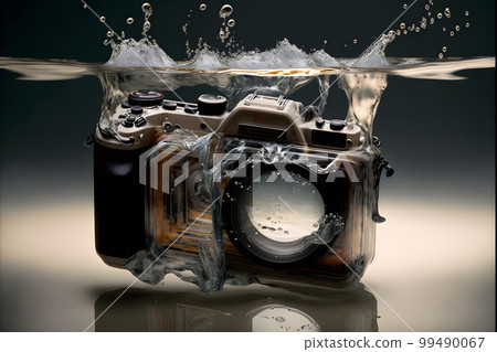 Modern SLR photocamera falling under water with water splashes. Neural network AI generated art Modern SLR photocamera falling under water with water splashes. Neural network AI generated art 99490067