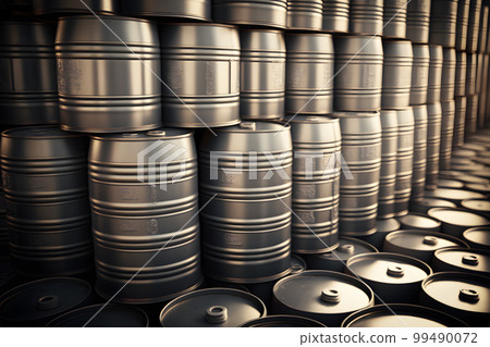 Stacks of beer barrels in brewery manufacturing warehouse. Neural network AI generated art Stacks of beer barrels in brewery manufacturing warehouse. Neural network AI generated art 99490072