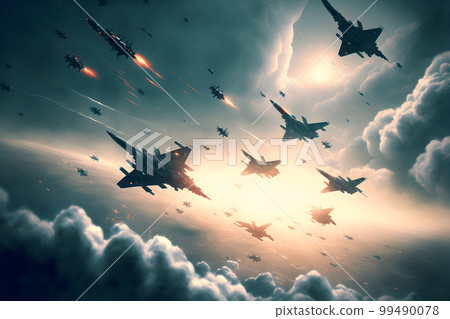 Formation of destroyer jets float in sky during aviation battle. Neural network AI generated art 99490078