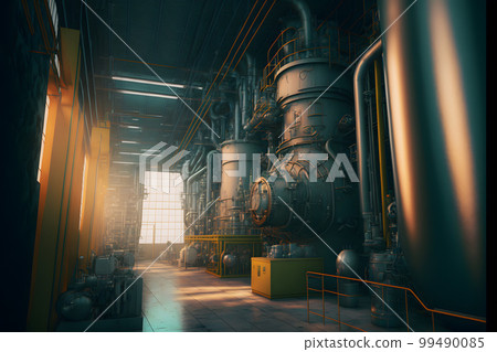 Industrial plant interior with many pipes and machinery. Neural network AI generated art Industrial plant interior with many pipes and machinery. Neural network AI generated art 99490085