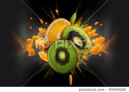 Qiwi and orange explosion splash moment on black background. Neural network AI generated art 99490086