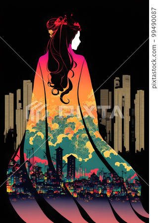 Japanese kitsune woman wearing a kimono looking to oriental city. Neural network AI generated art 99490087