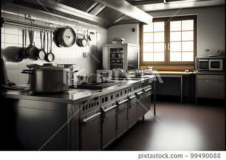 Professional restaurant kitchen interior with cooking supply and electronics. Neural network AI generated art 99490088