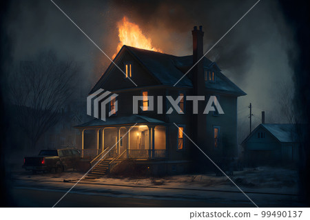 Residental building on fire accident in nighttime. Neural network AI generated art Residental building on fire accident in nighttime. Neural network AI generated art 99490137