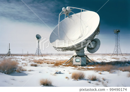 Group of radio telescope satellite dishes. VLA Very Large Array in sandy area. Neural network AI generated art 99490174