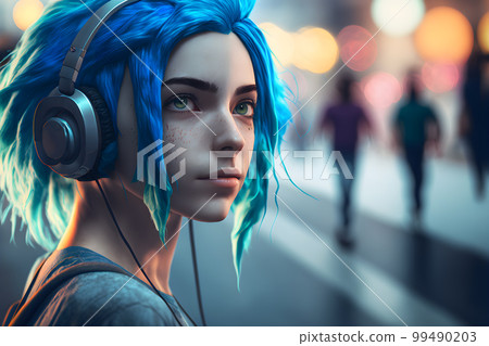 Portrait of young girl with blue hair listening music with headphones on city street. Neural network AI generated art Portrait of young girl with blue hair listening music with headphones on city street. Neural network AI generated art 99490203