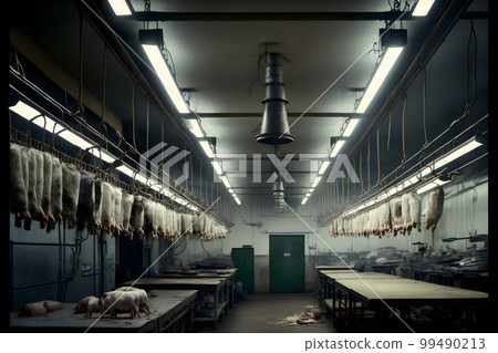 A lot of half cow chunks fresh hung and arranged in a large fridge in the abattoir fridge meat industry. Neural network AI generated art A lot of half cow chunks fresh hung and arranged in a large fridge in the abattoir fridge meat industry. Neural network AI generated art 99490213