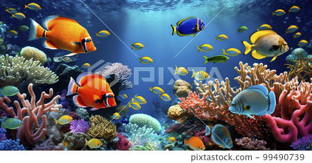 Tropical sea underwater fishes on coral reef. Aquarium oceanarium wildlife colorful marine panorama landscape nature snorkel diving Tropical sea underwater fishes on coral reef. Aquarium oceanarium wildlife colorful marine panorama landscape nature snorkel diving 99490739