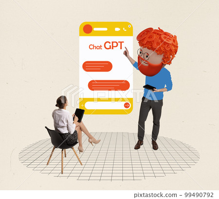 Contemporary art collage. Creative design. Online service with AI help. Woman working, communicating with GPT chat bot 99490792