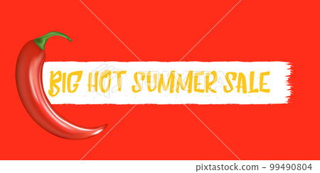 Big Hot summer sale horizontal banner with red chili cayenne pepper isolated on stylish red background. Vector 3d horizontal summer hot sale clearance poster, flyer, banner, tag and background Big Hot summer sale horizontal banner with red chili cayenne pepper isolated on stylish red background. Vector 3d horizontal summer hot sale clearance poster, flyer, banner, tag and background 99490804
