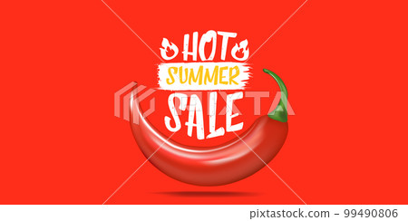 Big Hot summer sale horizontal banner with red chili cayenne pepper isolated on stylish red background. Vector 3d horizontal summer hot sale clearance poster, flyer, banner, tag and background Big Hot summer sale horizontal banner with red chili cayenne pepper isolated on stylish red background. Vector 3d horizontal summer hot sale clearance poster, flyer, banner, tag and background 99490806