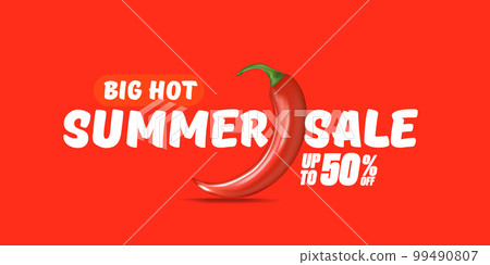 Big Hot summer sale horizontal banner with red chili cayenne pepper isolated on stylish red background. Vector 3d horizontal summer hot sale clearance poster, flyer, banner, tag and background 99490807