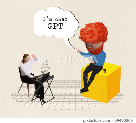 Contemporary art collage. Creative design. Young woman, employee opening gpt chat and working with online robot Contemporary art collage. Creative design. Young woman, employee opening gpt chat and working with online robot 99490809