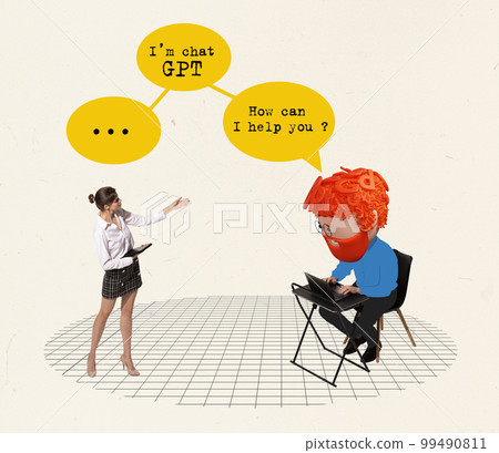 Contemporary art collage. Creative design. Young woman, employee opening GPT chat to get help in professional occupation 99490811