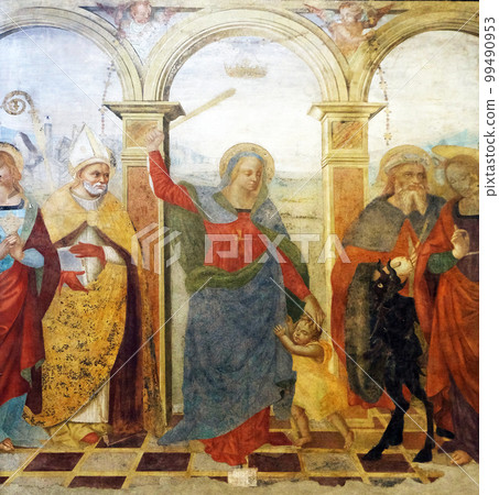 Chapel of the Madonna of the Rescue, altar of Giuliano da Pisa in the Basilica of Saint Frediano, Lucca, Tuscany, Italy 99490953