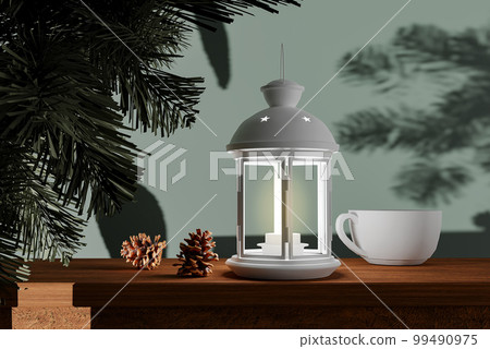Christmas lantern on rustic table with fir branch, pine cone and tea cup, 3D render Christmas lantern on rustic table with fir branch, pine cone and tea cup, 3D render 99490975