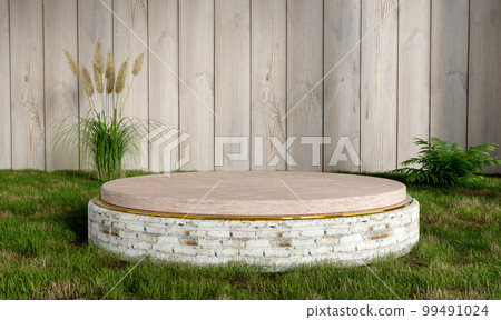 white brick with wooden podium on top for product presentation white brick with wooden podium on top for product presentation 99491024