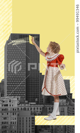 Contemporary art collage. Creative abstract design. Little girl, child cleaning giant skyscraper, building. 99491346