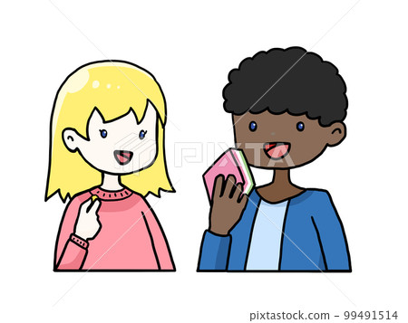 Illustration of a white woman and a black man eating Hinamatsuri sweets 99491514