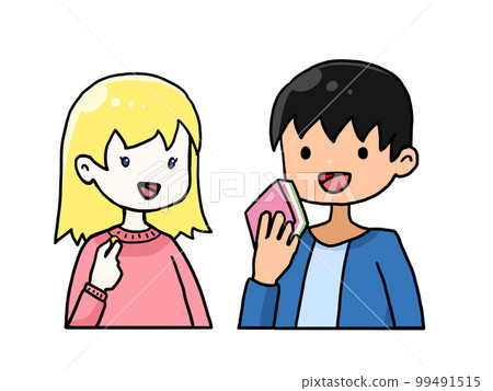 Illustration of a Caucasian woman and a Japanese man eating Hinamatsuri sweets 99491515