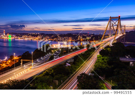 A beautiful night view of the Kanmon Bridge over the Kanmon Straits 99491555
