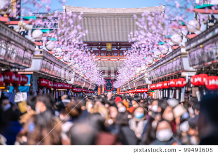 Tokyo cityscape in Japan Senso-ji Temple bustling with foreign tourists. A crowd like before the corona misfortune. No mask required outdoors = February 22 Tokyo cityscape in Japan Senso-ji Temple bustling with foreign tourists. A crowd like before the corona misfortune. No mask required outdoors = February 22 99491608