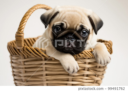 cute pug in a basket 99491762