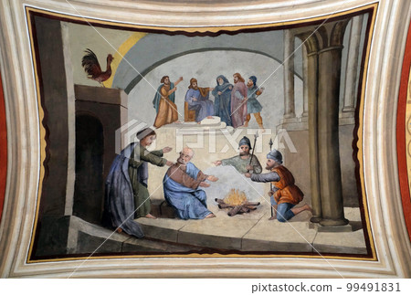 Peter denies Jesus before the rooster crows three times, fresco in the church of Saint Matthew in Stitar, Croatia Peter denies Jesus before the rooster crows three times, fresco in the church of Saint Matthew in Stitar, Croatia 99491831