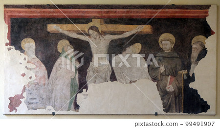Crucifixion, old fresco painting in Saint Francis church in Mantua, Italy 99491907