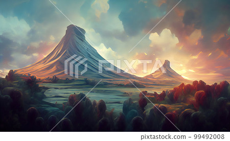 Volcanic mountains in a green field. Sleeping volcano. Imitation of oil painting. AI-generated 99492008