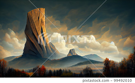 High tower rock. Fantasy landscapePicturesque landscape. Imitation of oil painting. AI-generated 99492010