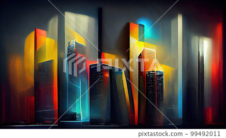 Abstract metropolis with high-rise buildings. Bright picturesque cityscape. Imitation of oil painting. AI-generated 99492011