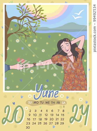 June 2024. Calendar A4, A3. Week starts on Sunday, vector illustration with cute little girl holding out her hand to a friend's hand. 99492534