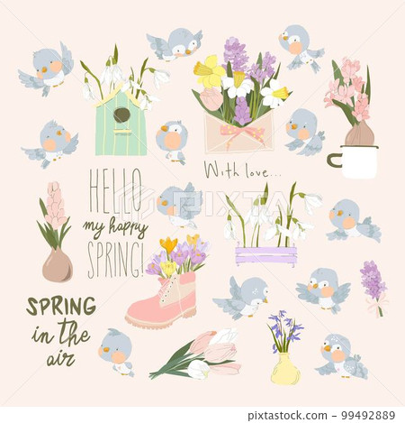 Cartoon Set with Fresh Spring Flowers Bouquets and Birds 99492889