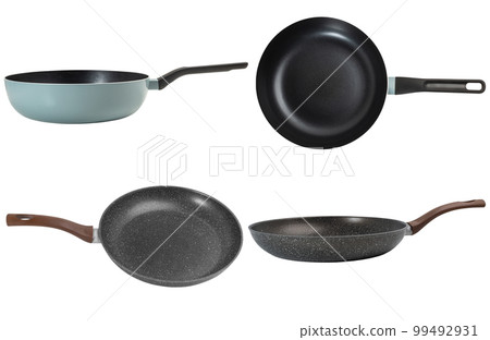 Collection of empty frying pans on white background 99492931