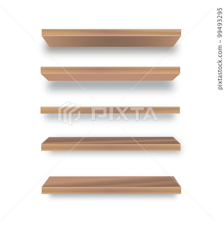 Various empty wooden store shelves set. Grocery rack. Vector Various empty wooden store shelves set. Grocery rack. Vector 99493295