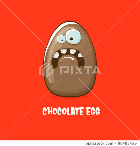 Cartoon chocolate easter egg cartoon characters isolated on red background. My name is egg vector concept illustration. funky sweet chocolate easter egg character with eyes and mouth 99493459