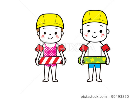 Children in swimsuits with arm helpers and floats, swimming caps Children in swimsuits with arm helpers and floats, swimming caps 99493850