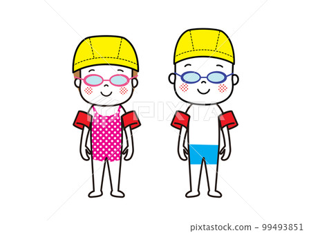 Children wearing swimming caps, arm helpers and goggles Children wearing swimming caps, arm helpers and goggles 99493851