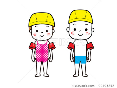 Arm helpers, children in swimsuits wearing swimming caps, men and women 99493852