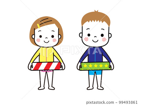 A child wearing a swimsuit and rash guard and holding a float, playing in the river, swimming in the sea, and playing in the water 99493861
