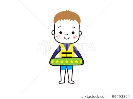 A boy wearing a rash guard, a life jacket and a float 99493864
