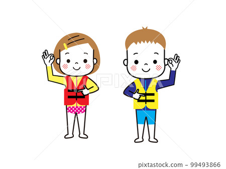 Children wearing rash guards and life jackets Prevention of water accidents 99493866